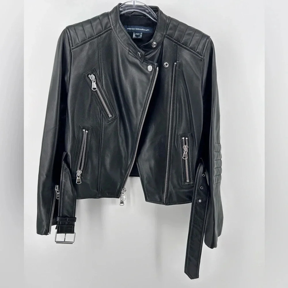 French Connection 100% Real leather jacket Black Motorcycle Look Size 4